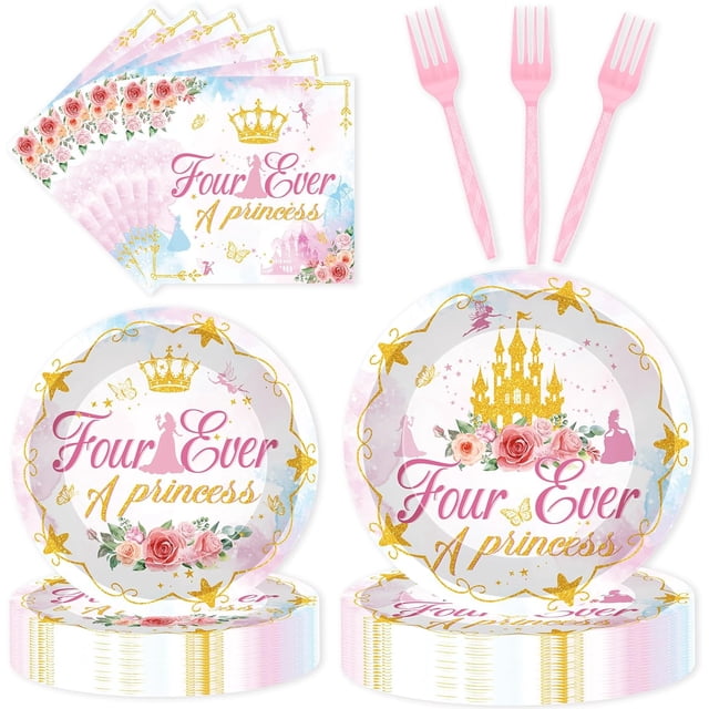 Princess Birthday Party Decorations, 96 Pcs Four Ever a Princess Plates and Napkins Forks Tableware Set, Girls 4th Birthday Party Supplies Disposable Plates Set for 24
