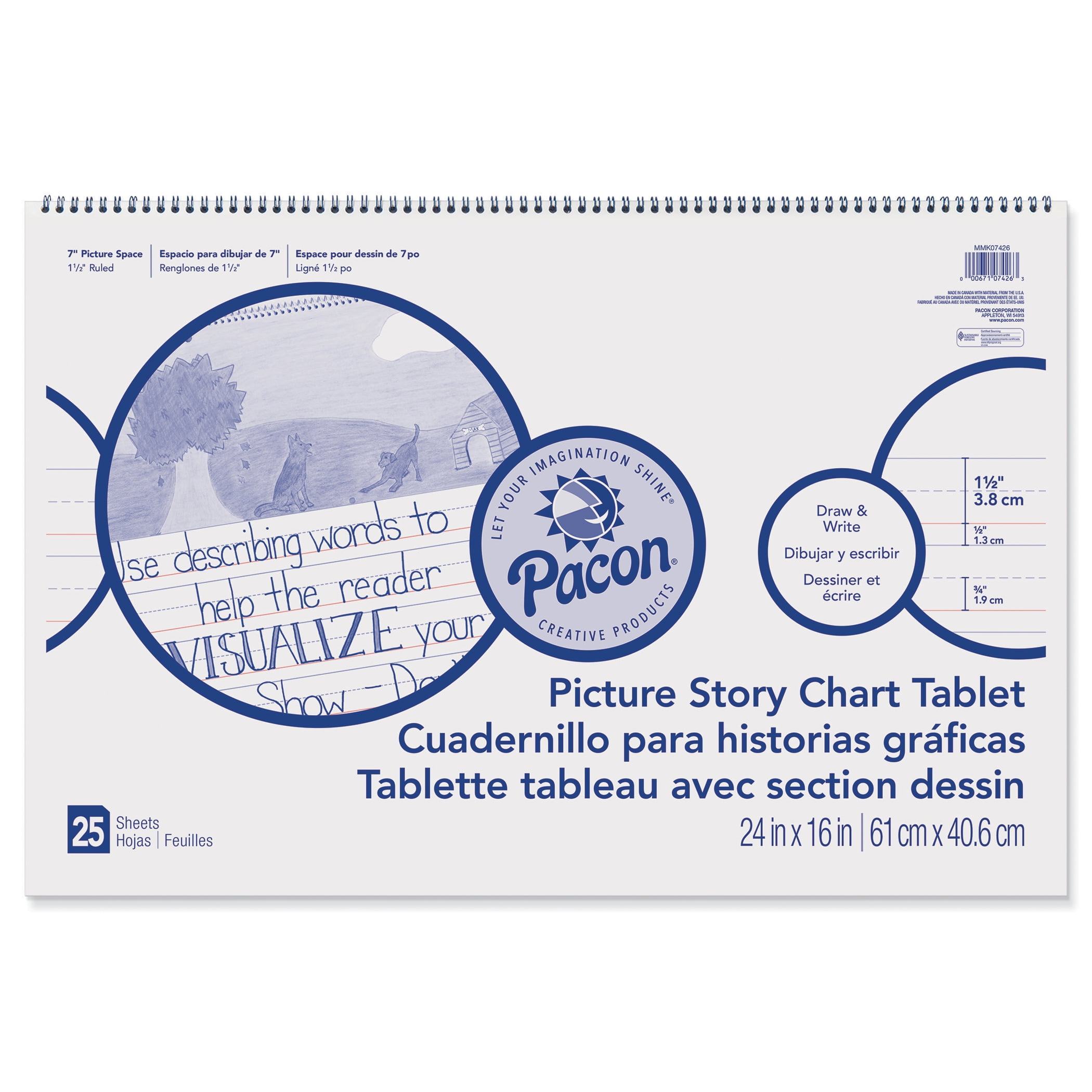 Pacon Picture Story Chart Tablet, White, Ruled Long, 1-1/2" Ruled, 24" x 16", 25 Sheets, Pack of 3