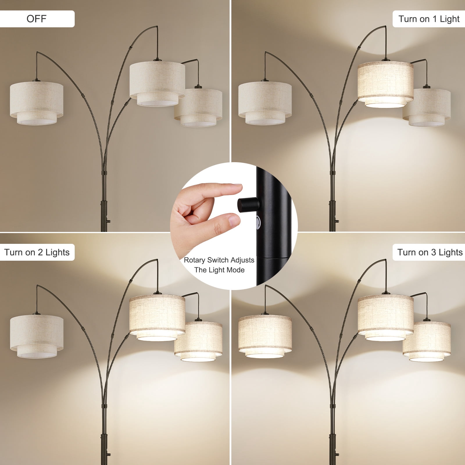 SUNMORY 3 Lights Tree Floor Lamp, 81.5" Tall Standing Lamp with Hanging Dual Drum Linen Shade, Modern Arc Floor Lamps with Heavy Base & 3 Bulbs, Mid Century Arched Floor Lamp for Living Room, Bedroom