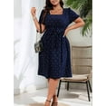 thumbnail image 2 of Women'S Plus Size Elegant Retro Polka Dot Waist Tie Square Neck Swing Dress Dark Blue XXXL, 2 of 7