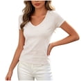 thumbnail image 3 of ClodeEU Women's V Neck Cotton Short Sleeve T Shirt ,Casual Solid Color Slim Fit Tee White,Women's Plus L, 3 of 8