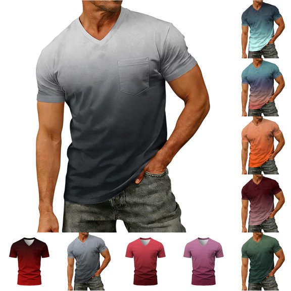 XIYON Father's Day T Shirts for Men Short Sleeve V Neck Gradient Print Summer Breathable Fashion Tee Top With Pocket For Casual Daily Wear,Light Gray,XXXXXL
