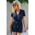 thumbnail image 4 of Women's Rompers-Summer Deep V Neck Wrap Floral Polka Dot Short Sleeve Beach Short Jumpsuit, 4 of 7