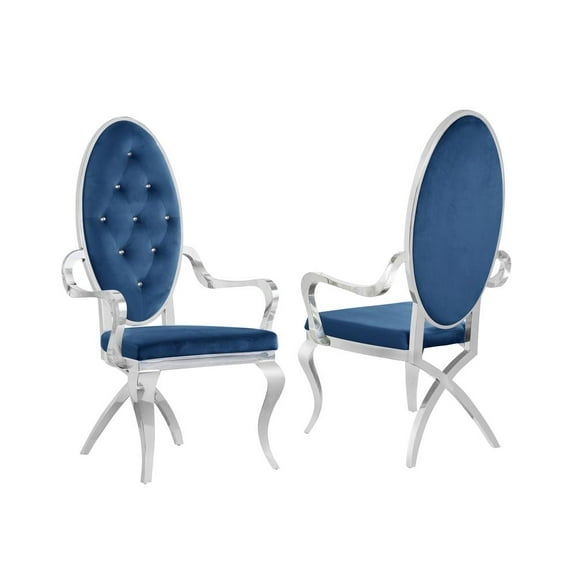 Tufted Arm Chairs in Navy Blue Velvet and Silver Stainless Steel (Set of 2)