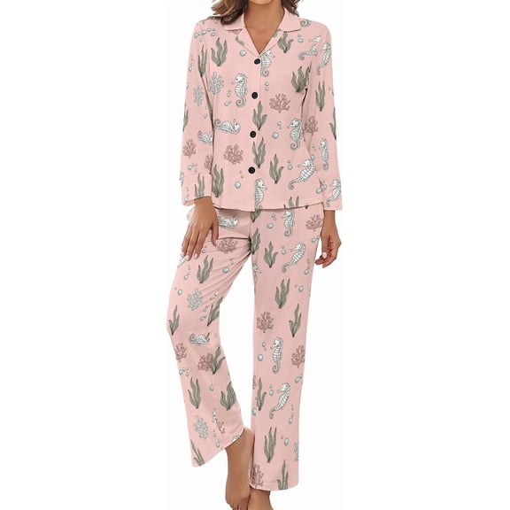 Top-kevin Women Long Sleeve Pajama Set Comfy Pjs Sets Seahorse Coral Bubbles 2 Piece Lounge Set