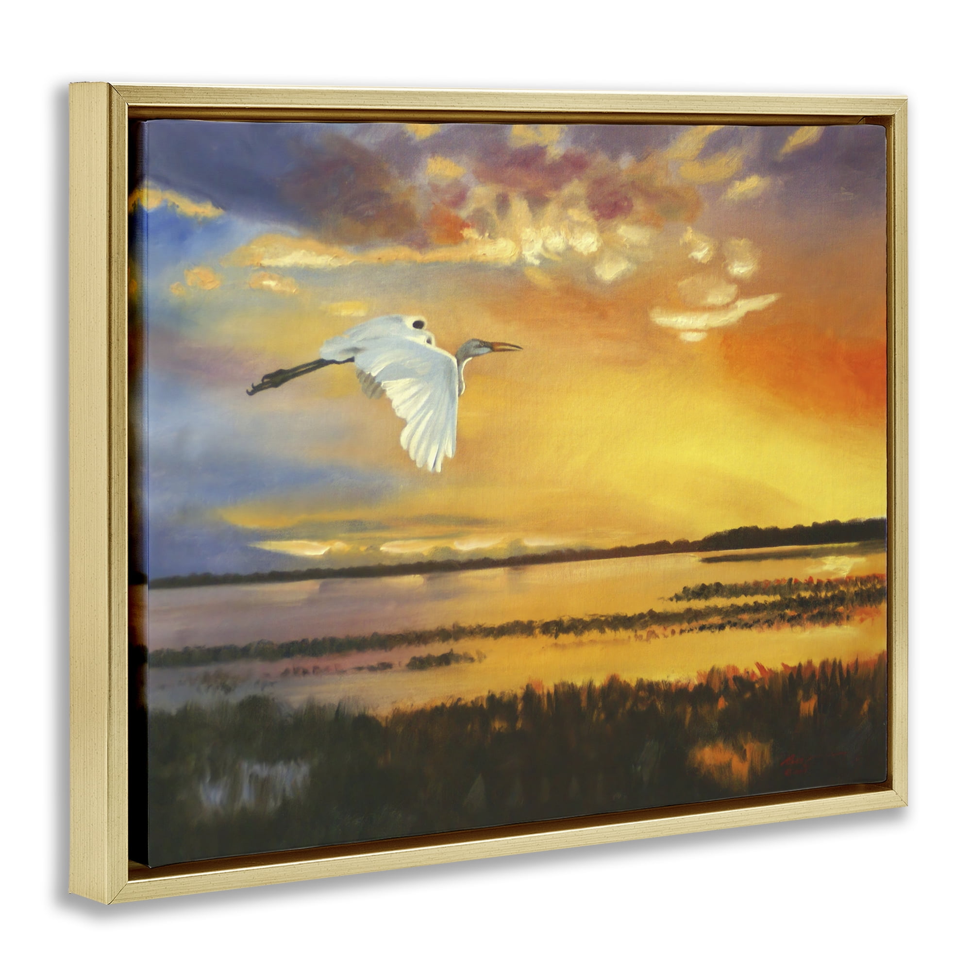 Stupell Industries Bird over Sunlit Pond Landscape Painting Gold Floater Framed Canvas Art Print Wall Art, 21 x 17