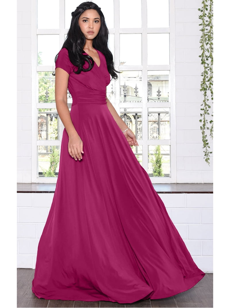 KOH KOH Long V-Neck Flowy Cap Short Sleeve V-Neck Bridesmaid Wedding Guest Party Formal Summer Sundress Tall Gown Maxi Dress Dresses For Women Fuchsia Magenta Pink X-Large US 14-16 NT074