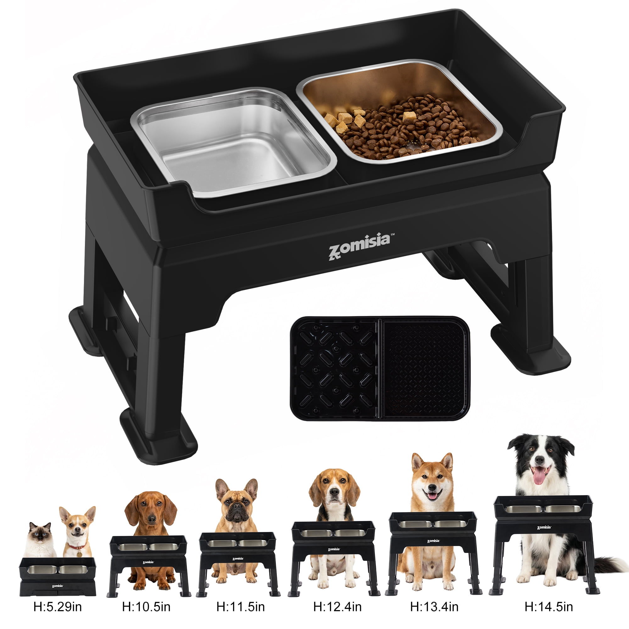 ZOMISIA Elevated Dog Bowls, 6 Height Adjustable, 2 Stainless Steel Bowls & Licking Plate, Mess Proof, for Small Medium Large Pets
