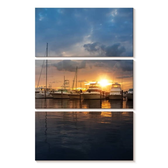 Elephant Stock Miami Marina At Sunset Wall Art - Vertical Multi Panel Canvas - Living Room Wall Decor - Nautical Multi Panel - Gray And Orange Decor - 14" x 23"