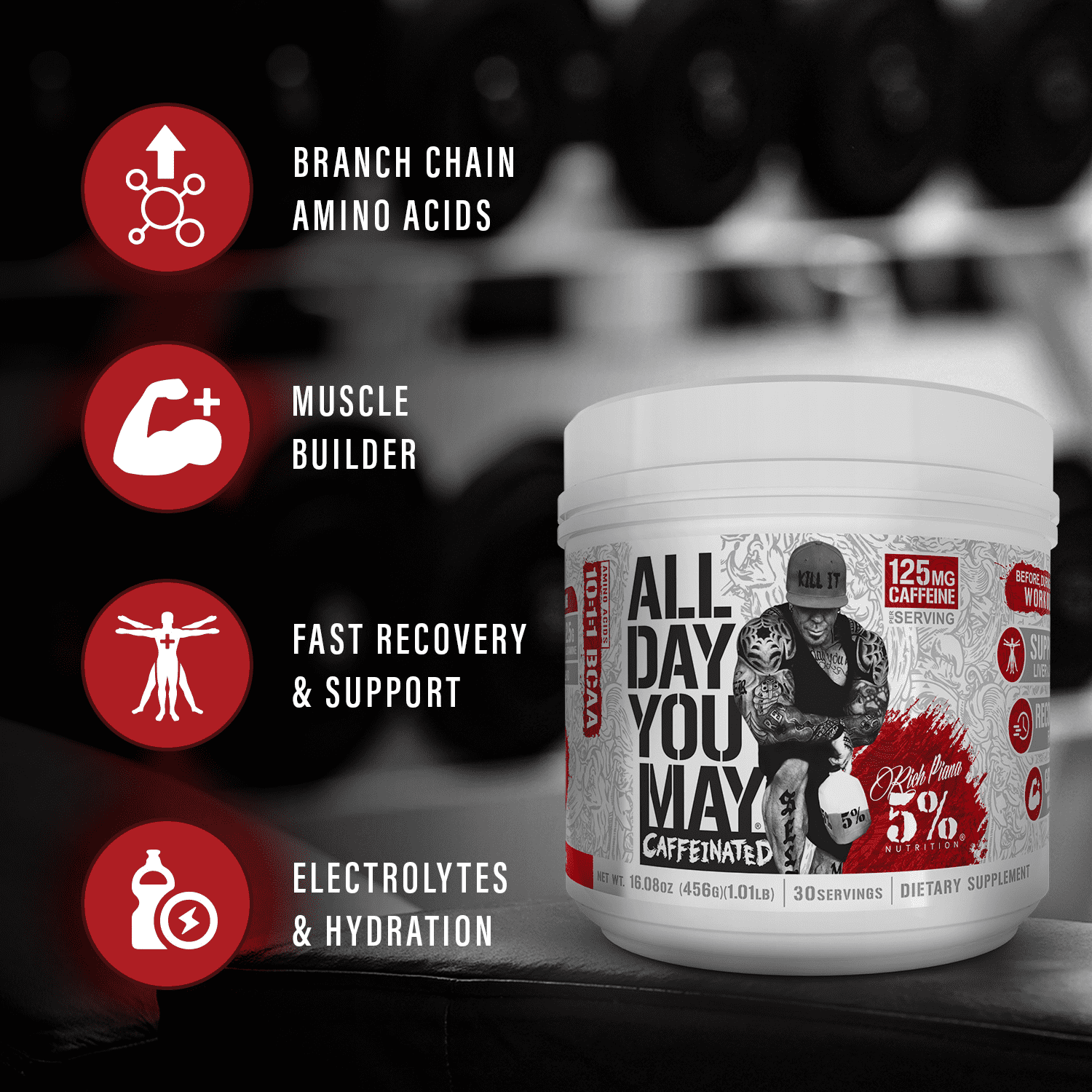 5% Nutrition Rich Piana AllDayYouMay Caffeinated BCAA Energy Powder | Premium Pre Workout Amino Energy & Electrolytes | Hydration, Endurance & Recovery | 16.3 oz, 30 Servings (Southern Sweet Tea)