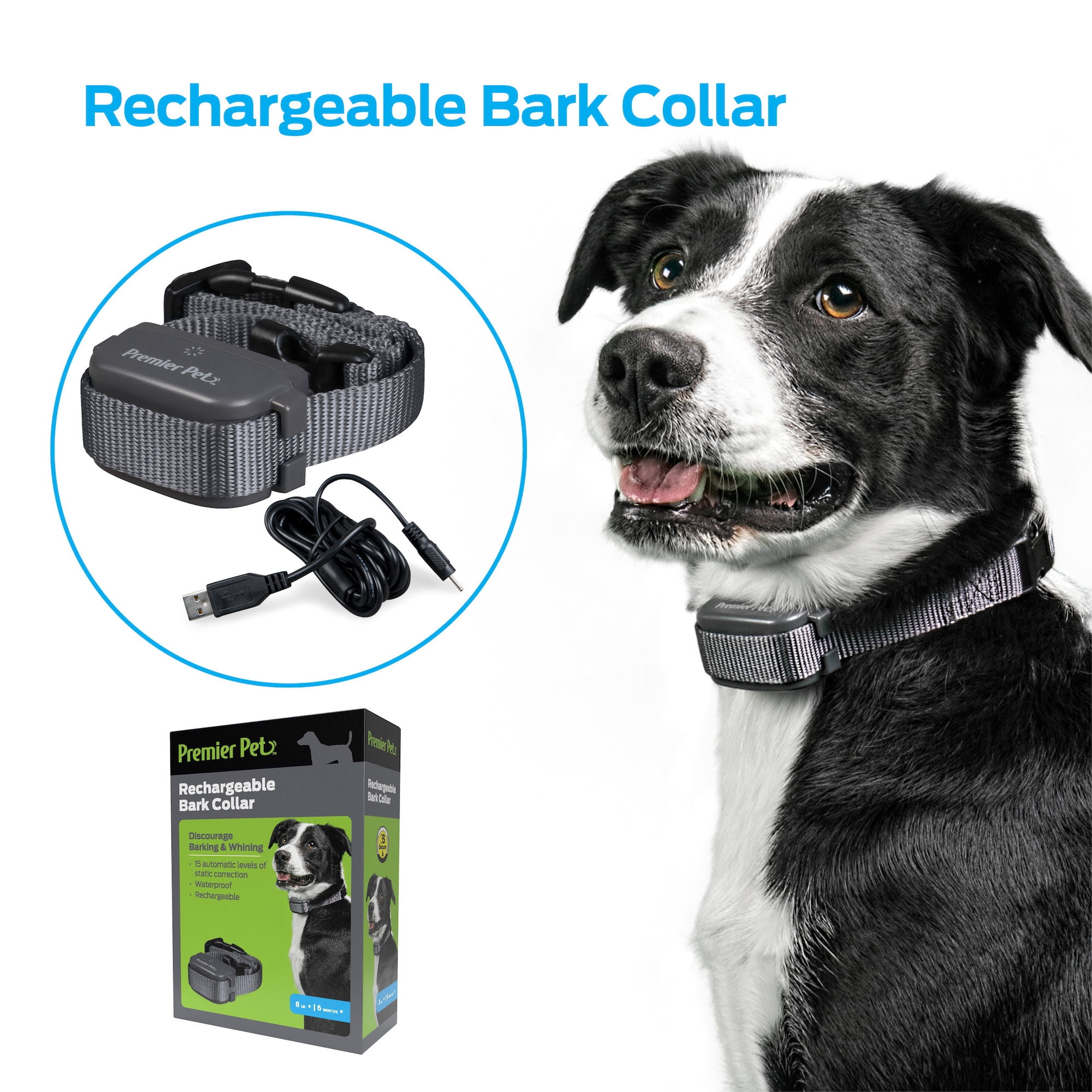 (2 pack) Premier Pet Rechargeable Bark Collar: Discourages Barking & Whining for All Size Dogs, Rechargeable, Adjustable, Waterproof, Gentle Static Correction, Low Battery Indicator, No Programming Required