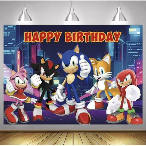 TG Sonic Theme Happy Birthday Backdrop 5x3.5ft,for Kids Birthday Party Decoration