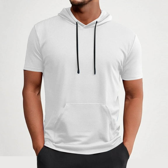 Ceisia Men's Graphic Print Short Sleeve Hoodie with Pocket Drawstring Hood Kangaroo Pouch Casual Summer Top White M Gifts for Father