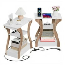 RONG-3 End Table Set of 2 with Charging Station, Side Table with USB Ports and Outlets, Nightstand, 3 Tier End Table with Storage Shelf for Living Room, Bedroom