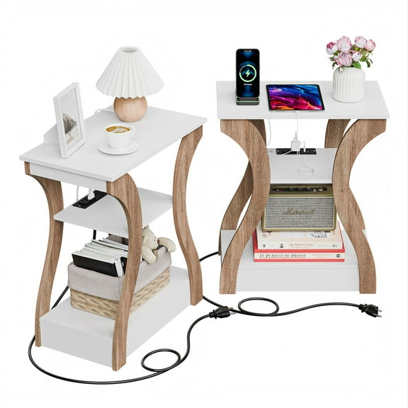 RONG-3 End Table Set of 2 with Charging Station, Side Table with USB Ports and Outlets, Nightstand, 3 Tier End Table with Storage Shelf for Living Room, Bedroom