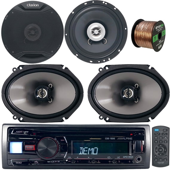 Alpine CDE-150E Single DIN CD Player USB AUX Radio Receiver Bundle Combo with 2x 6.5" 2-Way Coaxial Car Audio Component Speakers, 2x 6x8" Coaxial 2-Way 300W Car Audio Speakers, 16 Gauge Speaker Wire