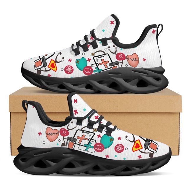 Caja médica blanca con impresión de suministros médicos, reloj transparente, zapatos con cordones, zapatos de enfermera, zapatillas deportivas geniales para correr para mujer