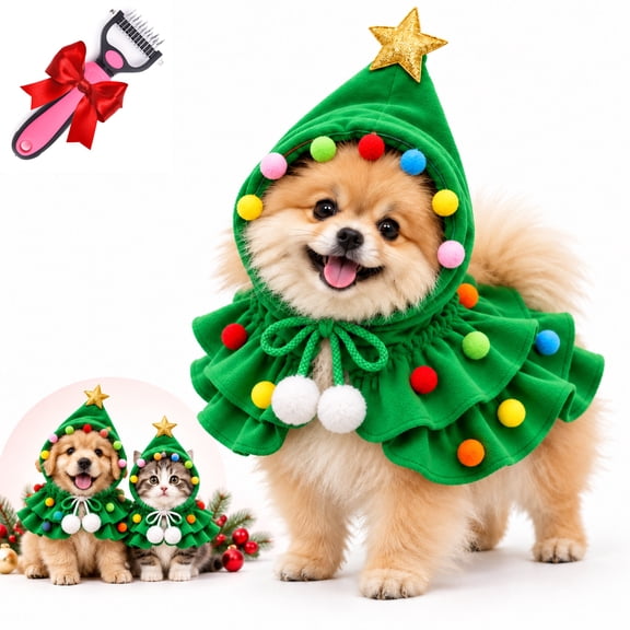 Dog Christmas Outfit, Christmas Tree Pet Costume, for Small Dogs Kittens, Soft Velvet Adjustable Red Green
