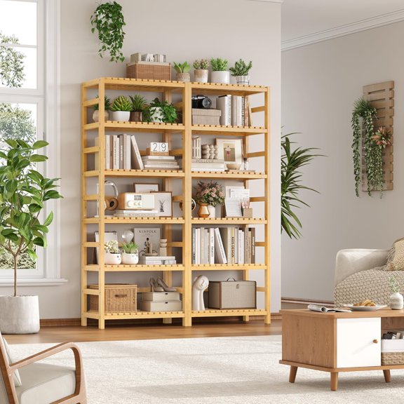6-Tier Bamboo Shelf with Adjustable Shelves Free Standing Storage Unit for Kitchen Bathroom Home Office Natural
