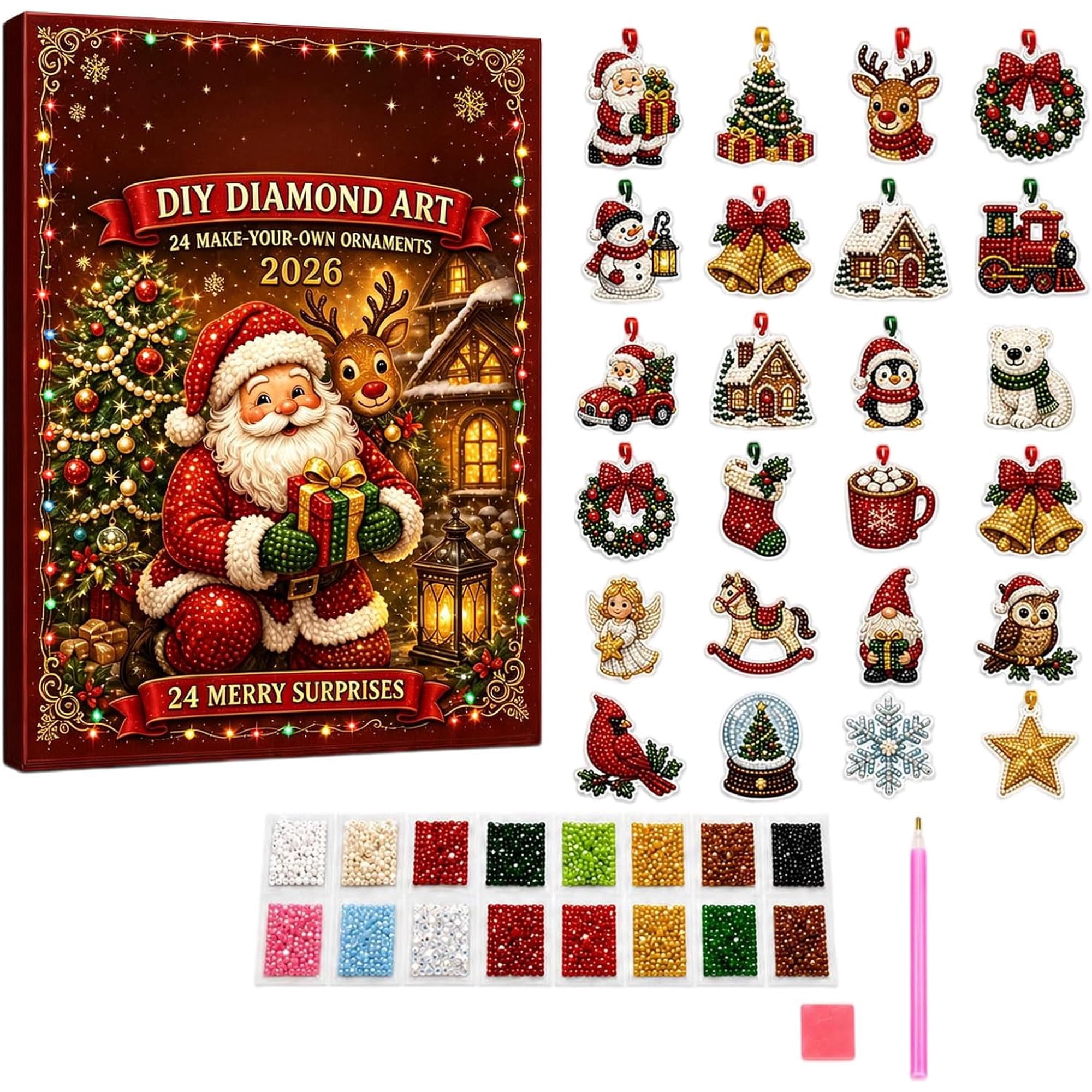 Diamond Art Advent Calendar 2026 24 Pcs DIY Christmas Decor Kit for Girls Enjoy Family Christmas Craft Time Create Shiny Hanging Ornaments for Holiday Home Decoration Fun Family Handmade Kit