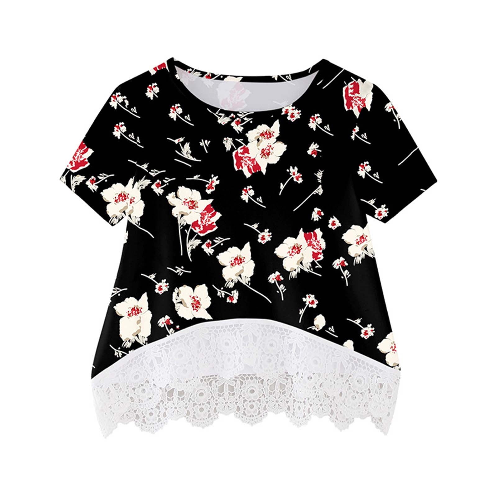 Jovati Girls Shirts Size 7 8 Girls Shirt Crewneck Layered Floral Print Short Sleeve Cute Kids Blouse Lace Tee Top Girl Shirts Size 7 8 Black