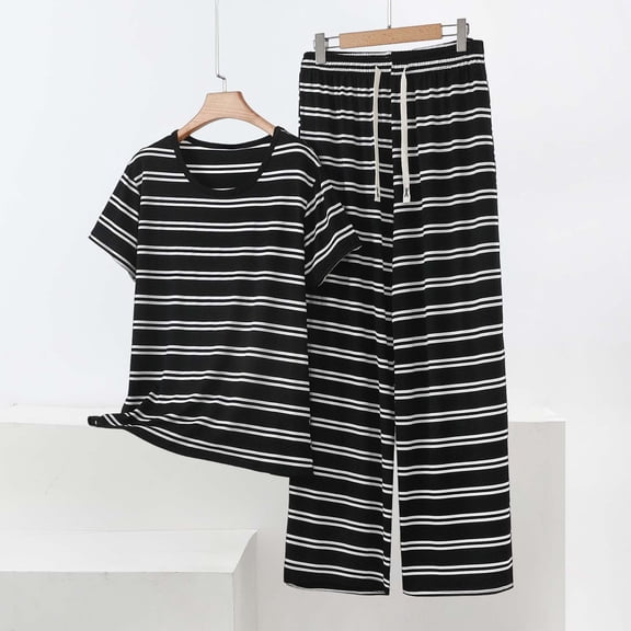 Gamivast Pajama Sets for Women 2 Piece Striped Short Sleeve Top & Pants Pjs Sets Crew Neck Sleepwear Casual Loose Fit Loungewear Nightwear Outfits