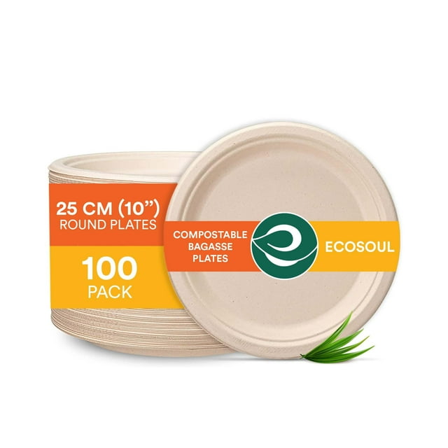 Platos de papel desechables ECO SOUL 100% compostables de 25 cm, 100 unidades
