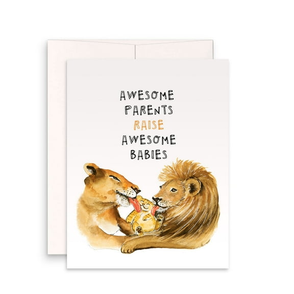 Awesome Parents Raise Awesome Babies Greeting Card – Cute Lion Design – Blank Inside with Envelope – Perfect for Baby Showers, New Parents, or Celebrating Family
