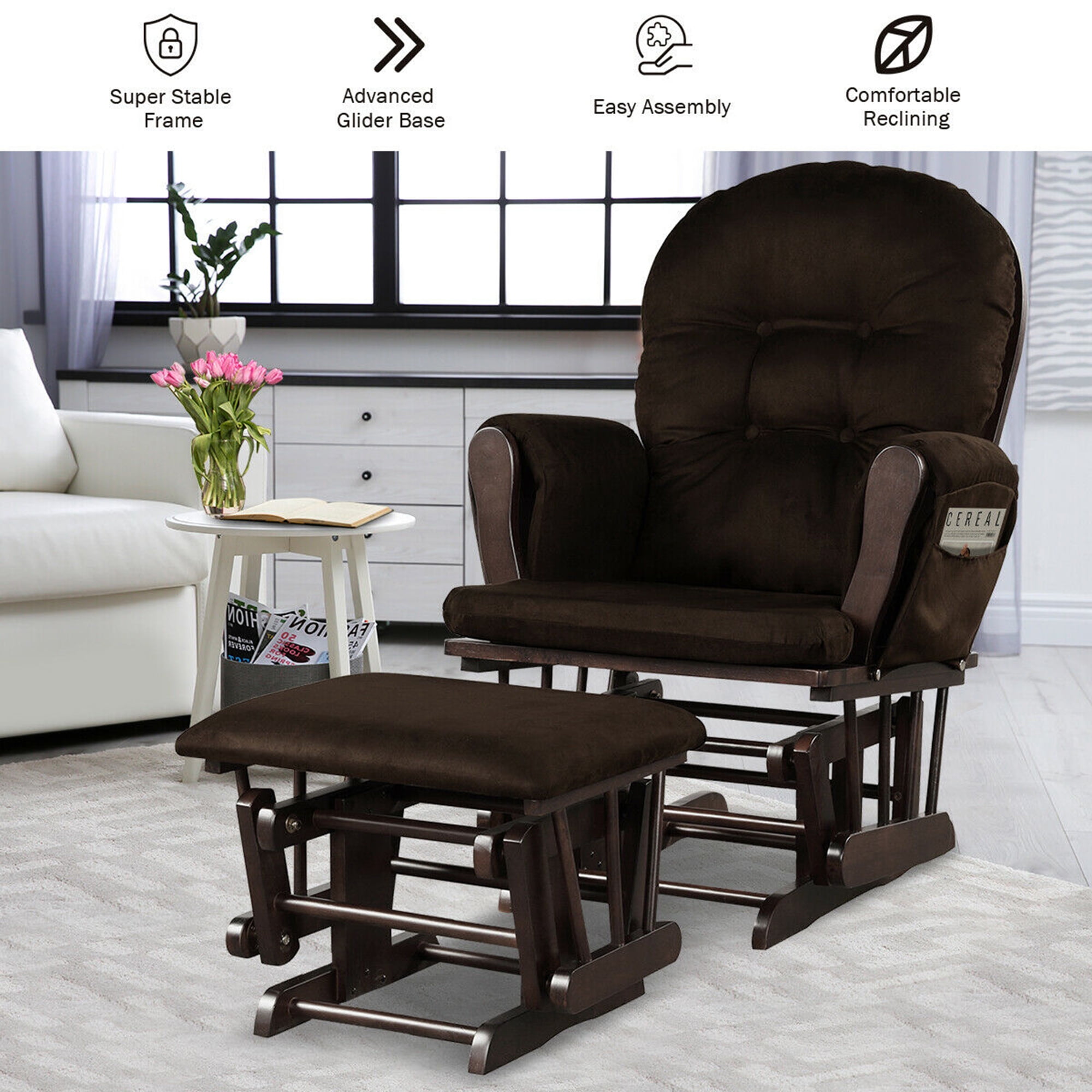 Gymax Wood Baby Nursery Rocking Chair Glider and Ottoman Cushion Set Brown