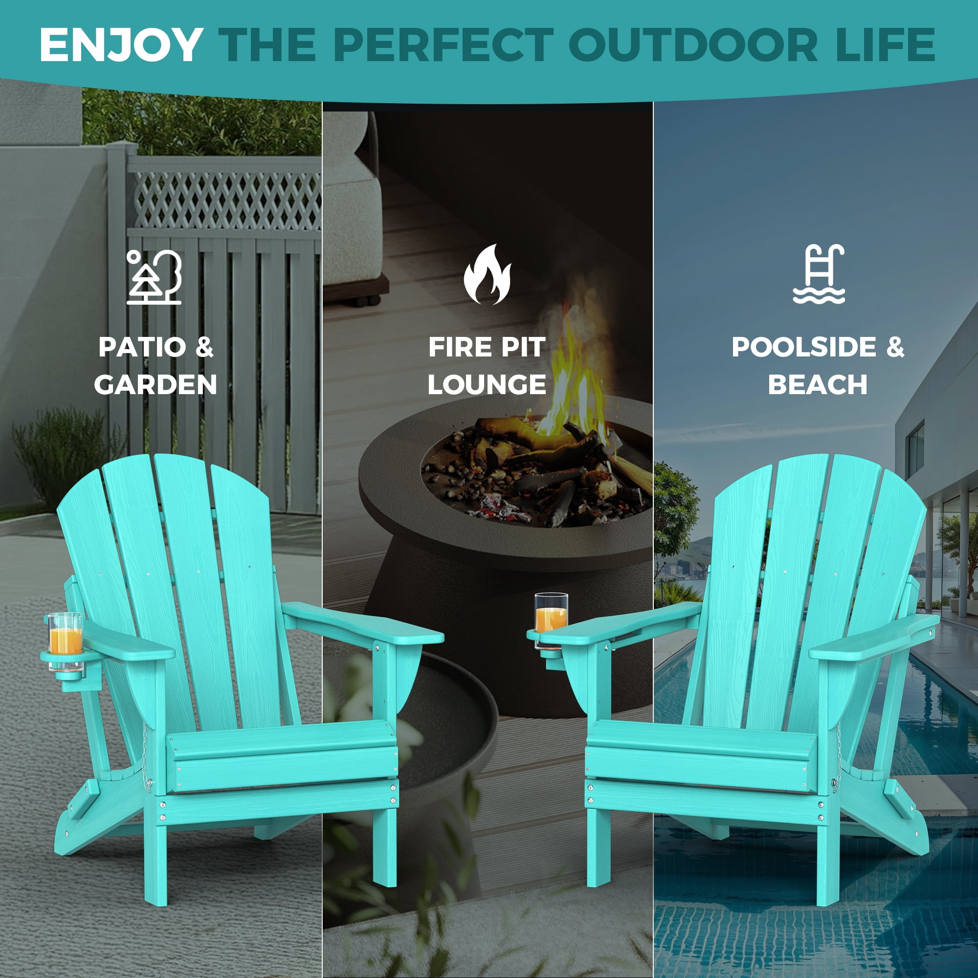Folding Adirondack Chair Set of 2, Oversized HDPE Plastic Patio Chairs, Aqua