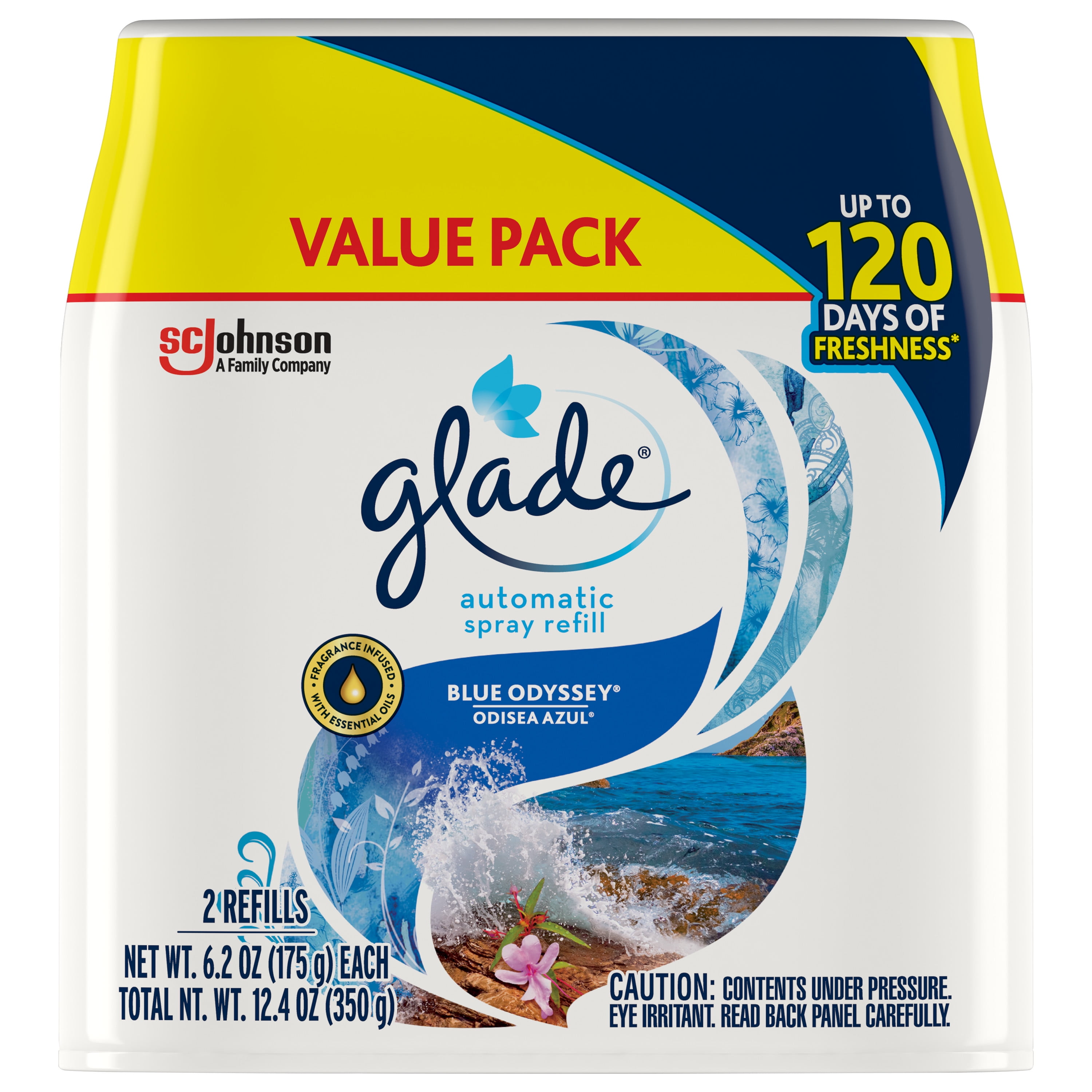 Glade Automatic Spray Refill 2 CT, Blue Odyssey, 12.4 OZ. Total, Air Freshener Infused with Essential Oils