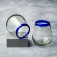 thumbnail image 3 of 10 Strawberry Street Cobalt Rim Stemless Wine Handblown Mexican Glass, Set of 6, 3 of 4