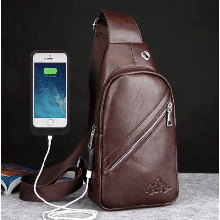 Men Fashion PU Leather Rechargeable Crossbody Chest Bag Messenger Shoulder Sling Bag Daypack For Boy & Men