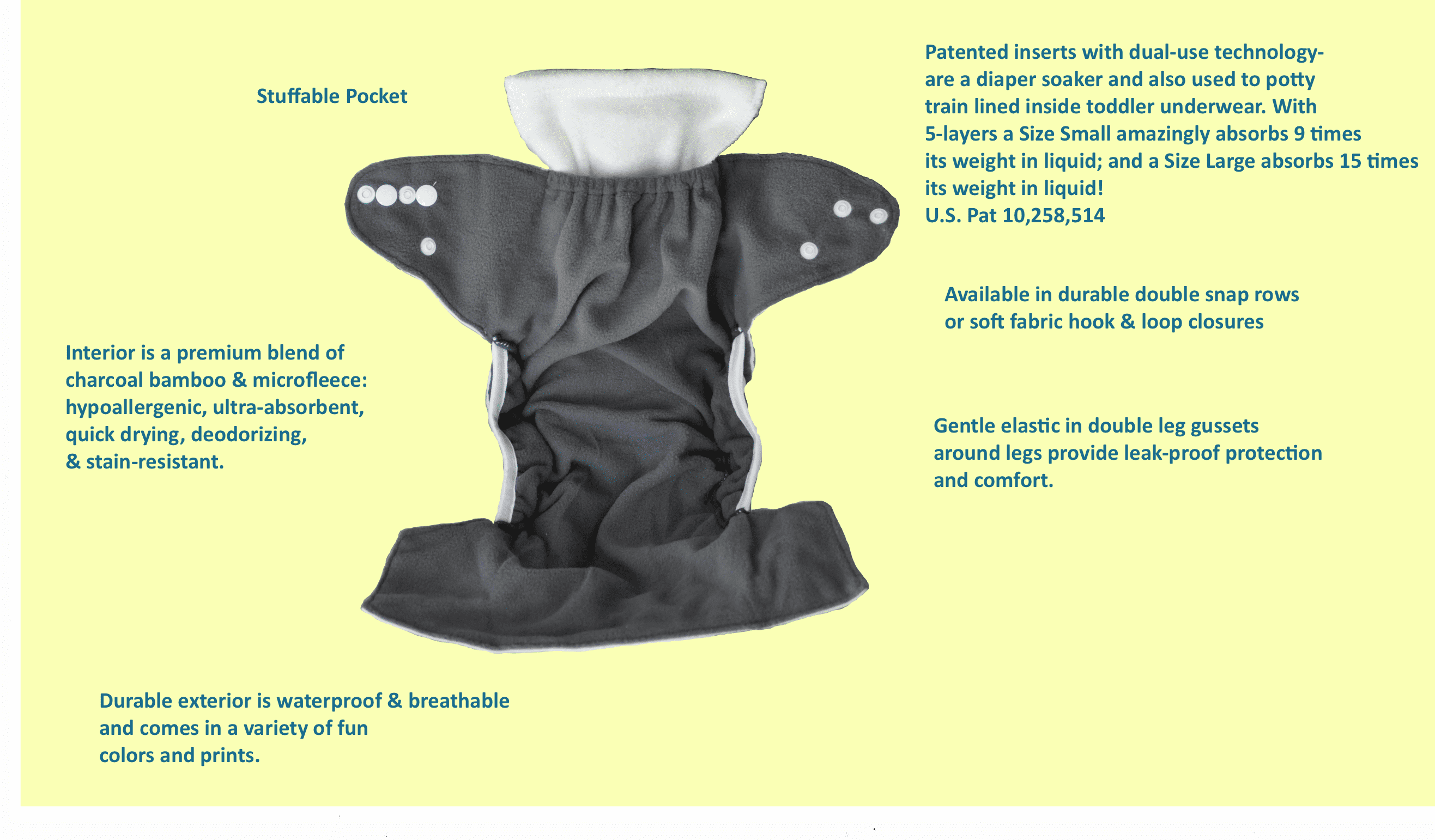 Kashmir Baby Charcoal Bamboo One Size Pocket Cloth Diapers 2 Pack Velcro Closure “Cuddle-Bug”