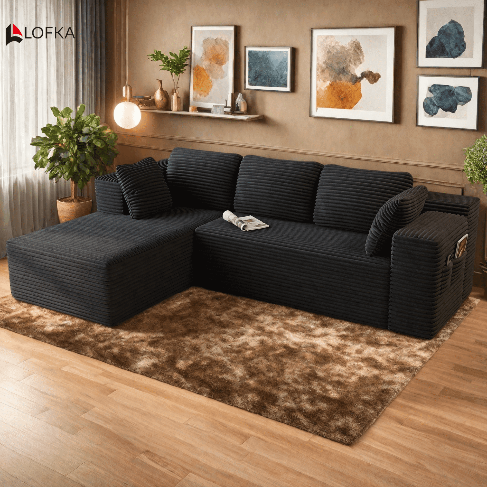 Sofa, Lofka 105" Free Assembly L-Shaped Sectional with Pet Friendly Corduroy Fabric, Black for Living Room/Apartment