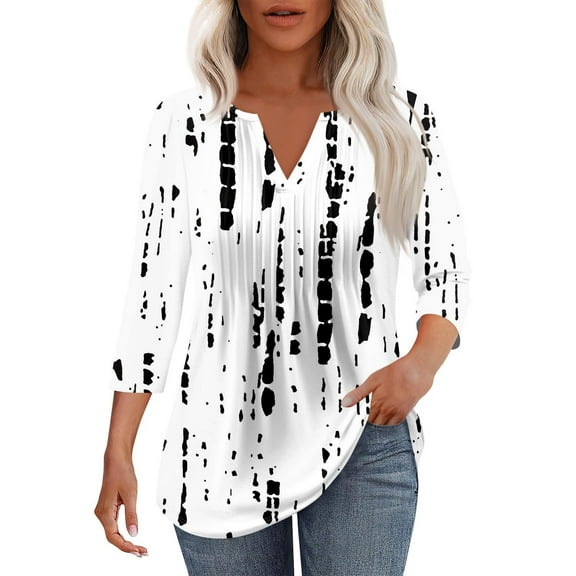 Mashaouyo 3/4 Sleeve Short Sleeve Shirts Blouses for Women Casual V Neck Summer Tops With Leggings Pleated Curved Tunic
