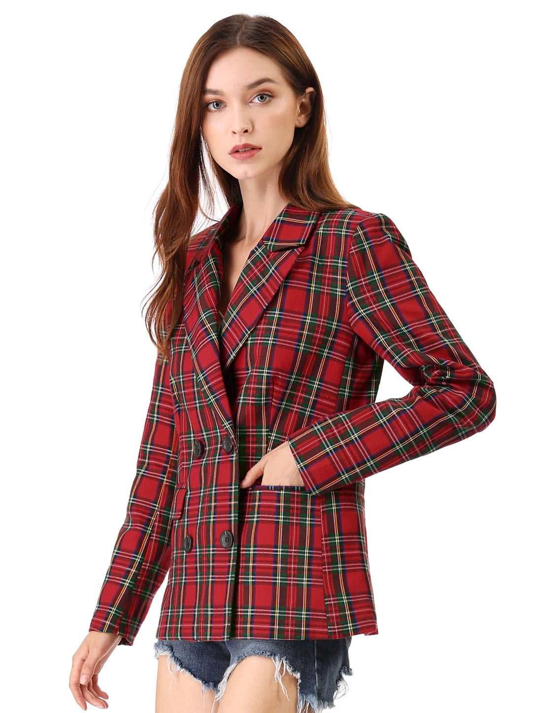 DARING DIVA Women's Plaid Notched Lapel Blazer Jacket 2XL Red Green