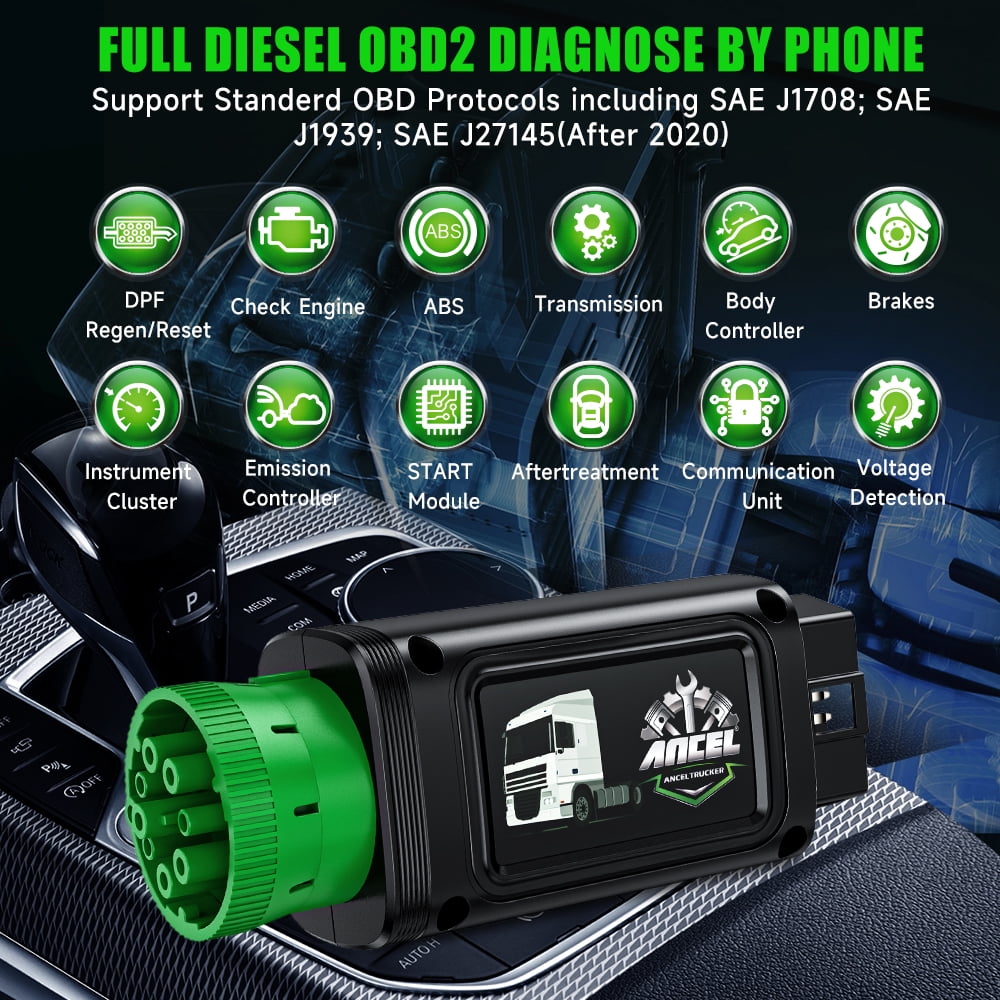 ANCEL Bluetooth Wireless Heavy Truck Diesel Truck Scanner Full System Truck Diagnostic Tool with D.P.F Re-gen Fits for Detroit Paccar, 24V Truck 12V Car 2 in 1 Engine Code Reader Scanner