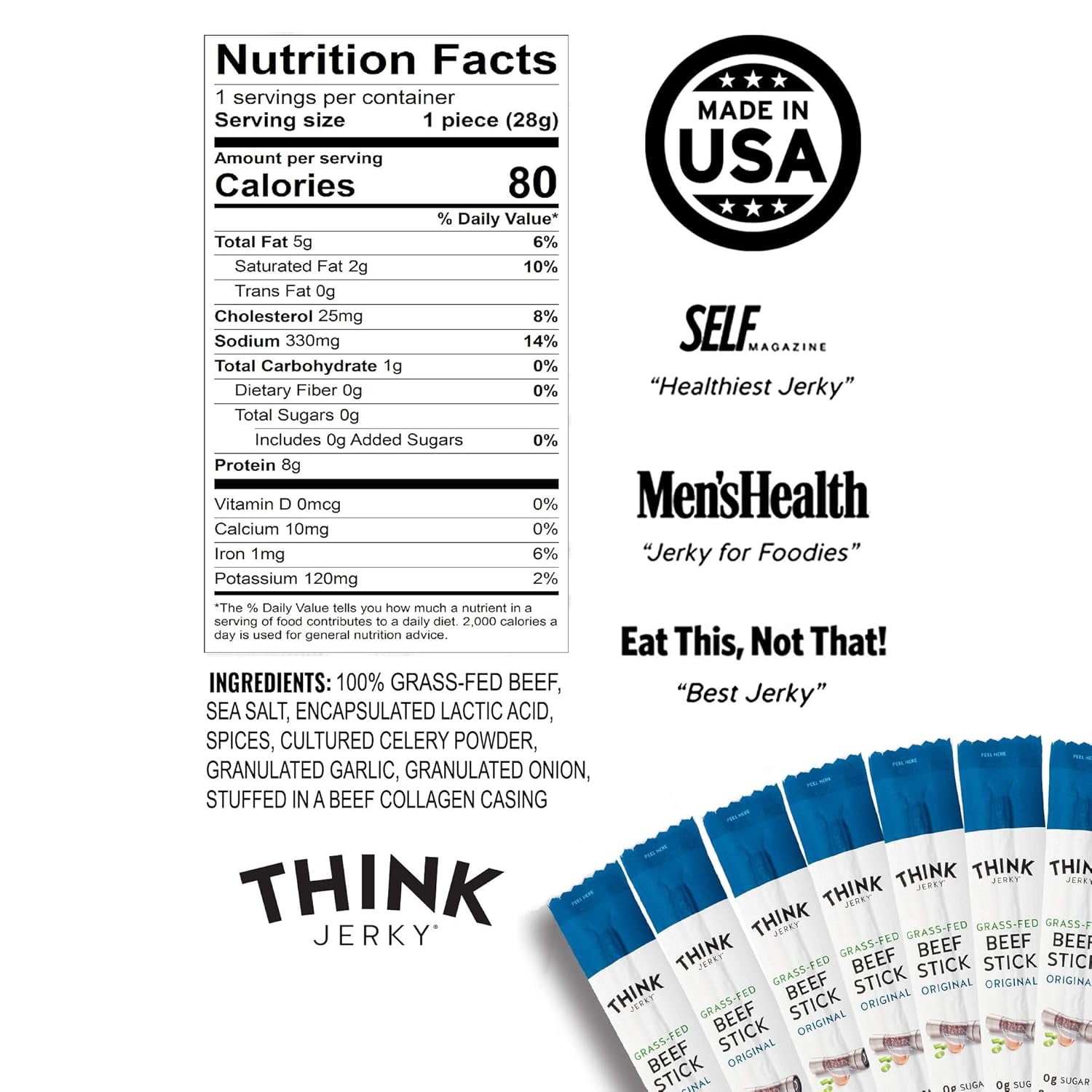 Think Jerky, Original Grass-Fed Beef Sticks (1.0 Ounce Sticks, Pack of 10 Sticks) - Sugar Free, Gluten Free, Non GMO, No Nitrates, Keto Friendly, Paleo, High Protein, Low Carb