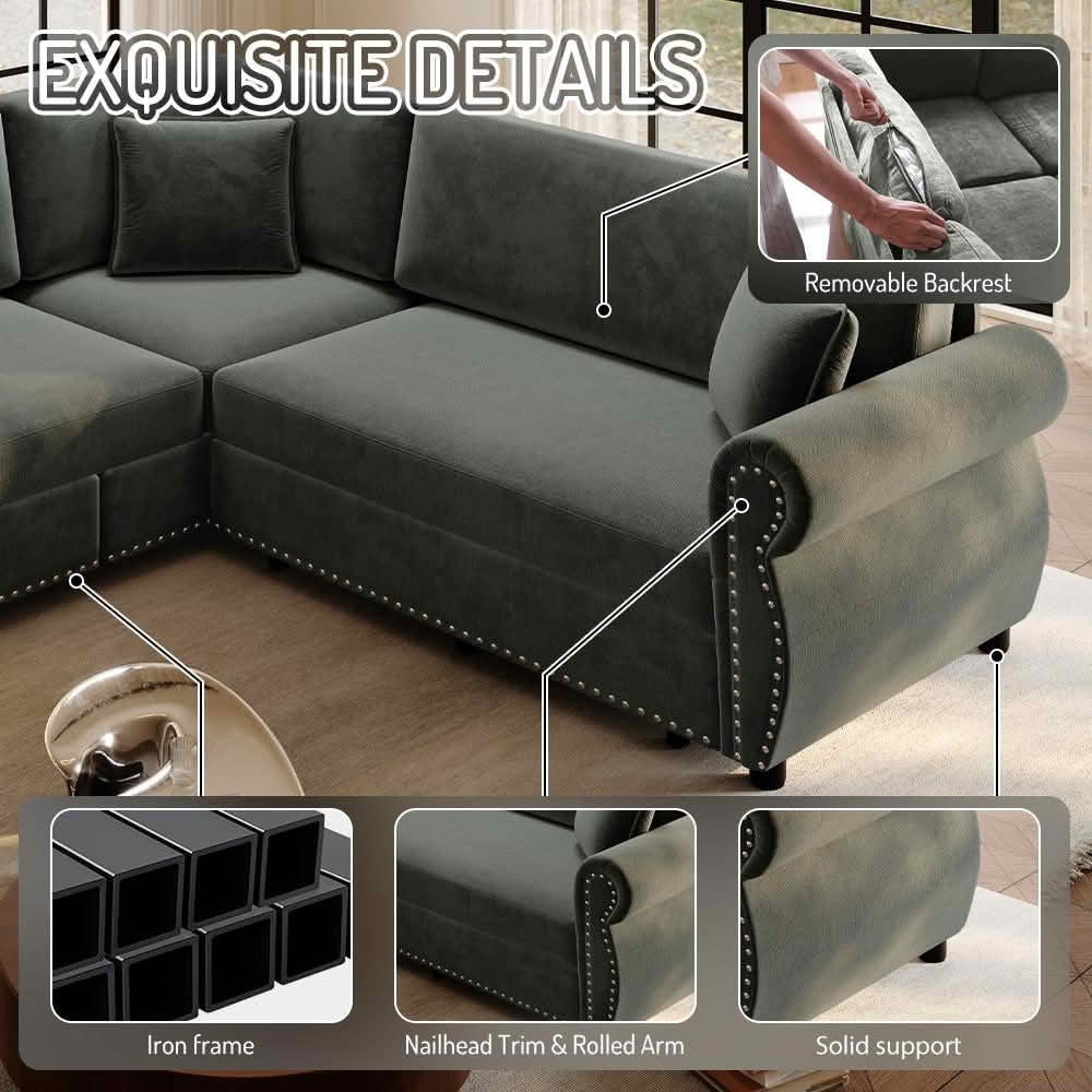 MAYEERTY 88.2" L‑Shaped Convertible Pull‑Out Sofa Bed, Chenille Sectional Couch with Nailhead Trim & Rolled Arms, Multifunctional Sleeper Sofa