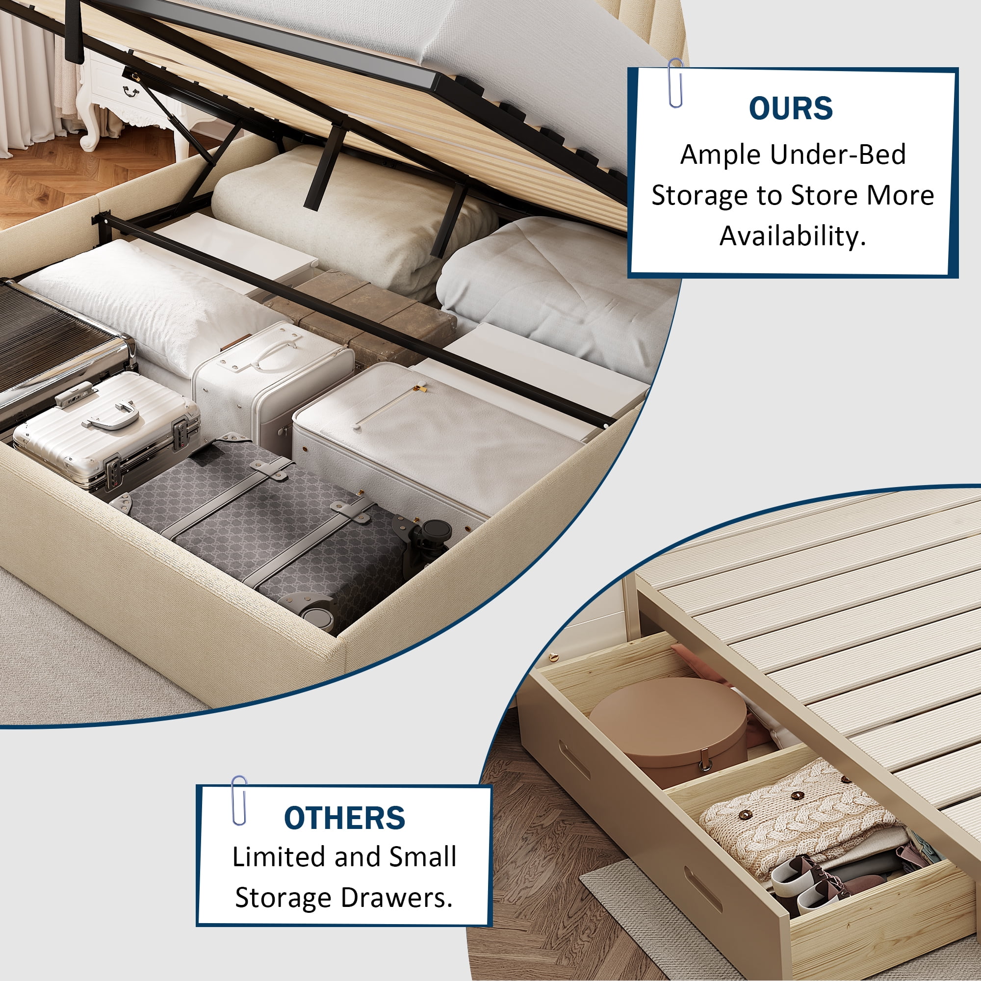 Einhomn Full Size Lift Up Storage Bed With Wingback Headboard, Upholstered Platform Bed Frame with Hydraulic Storage, Linen Fabric, No Box Spring Needed,Beige