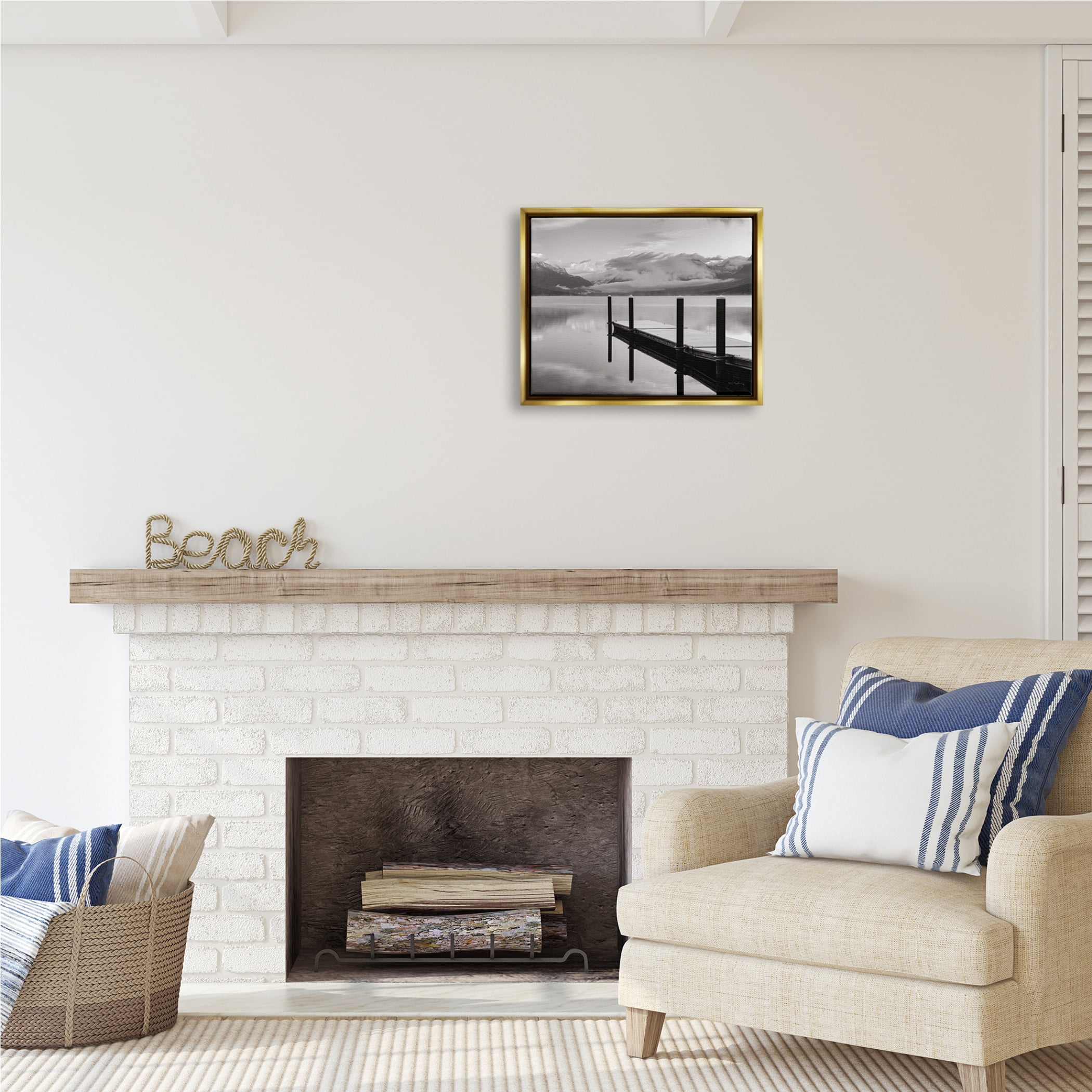 Stupell Industries Lakeside Mountain Dock Nature Photography Gold Floater Framed Art Print Wall Art, 21 x 17