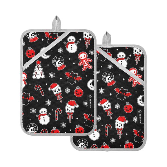 Two Pieces Of Square Heat Insulation Pad Oven Mitts Black Background Red White Skulls 7x9.8 Inch Oven Microwave Kitchen Cooking Baking