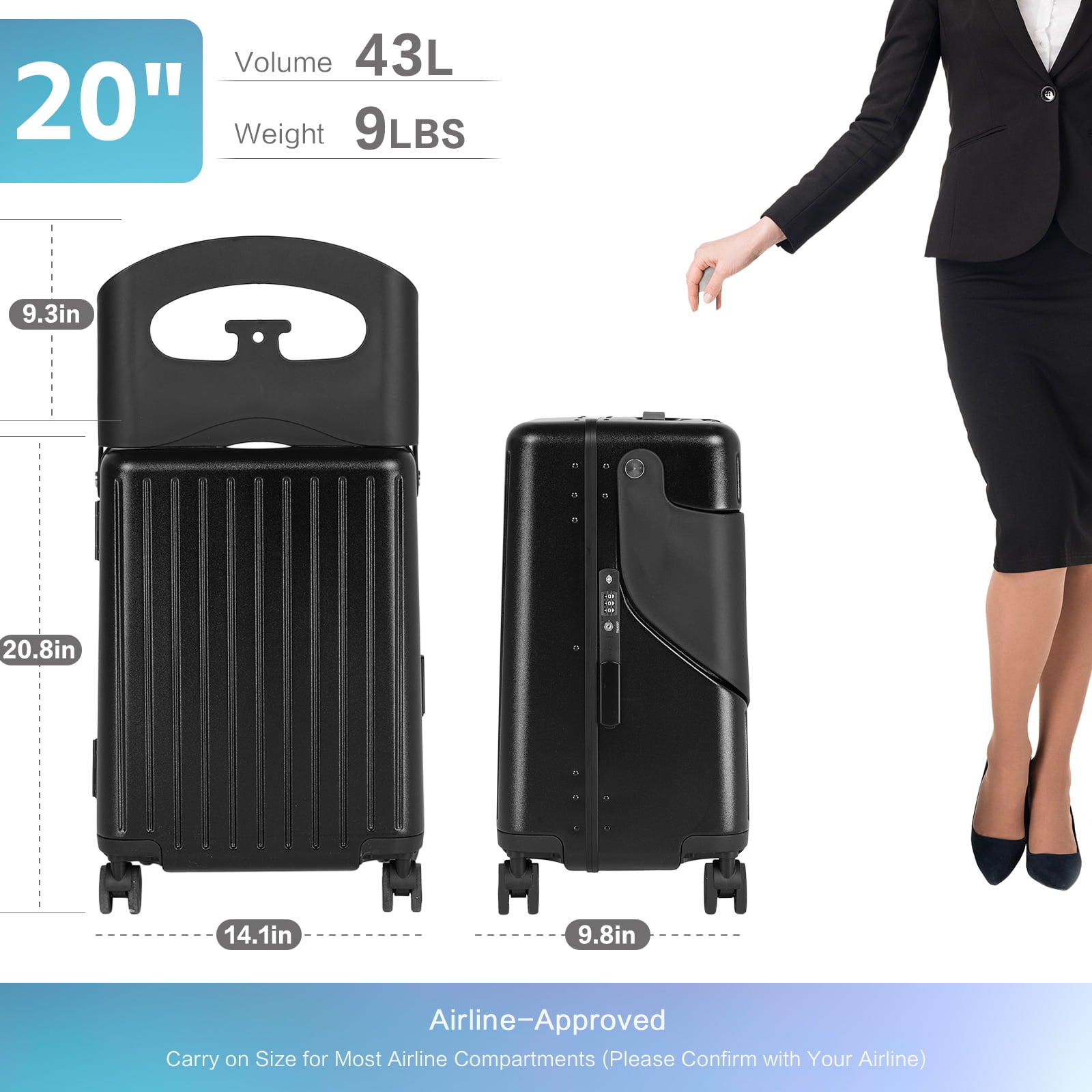Advwin 20" Carry on Luggage with Seat for Kids, Hardside Lightweight Ride on Suitcase with 4 Spinner Wheels & TSA Lock for Travel, Black
