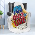 thumbnail image 4 of YOLO Soft Flannel Fleece Throw Blanket, Cartoon Style Life Message Comic Book Style Letters on Paint Splashes and Halftone, Cozy Plush for Indoor and Outdoor Use, 60" x 80", Multicolor, by Ambesonne, 4 of 5