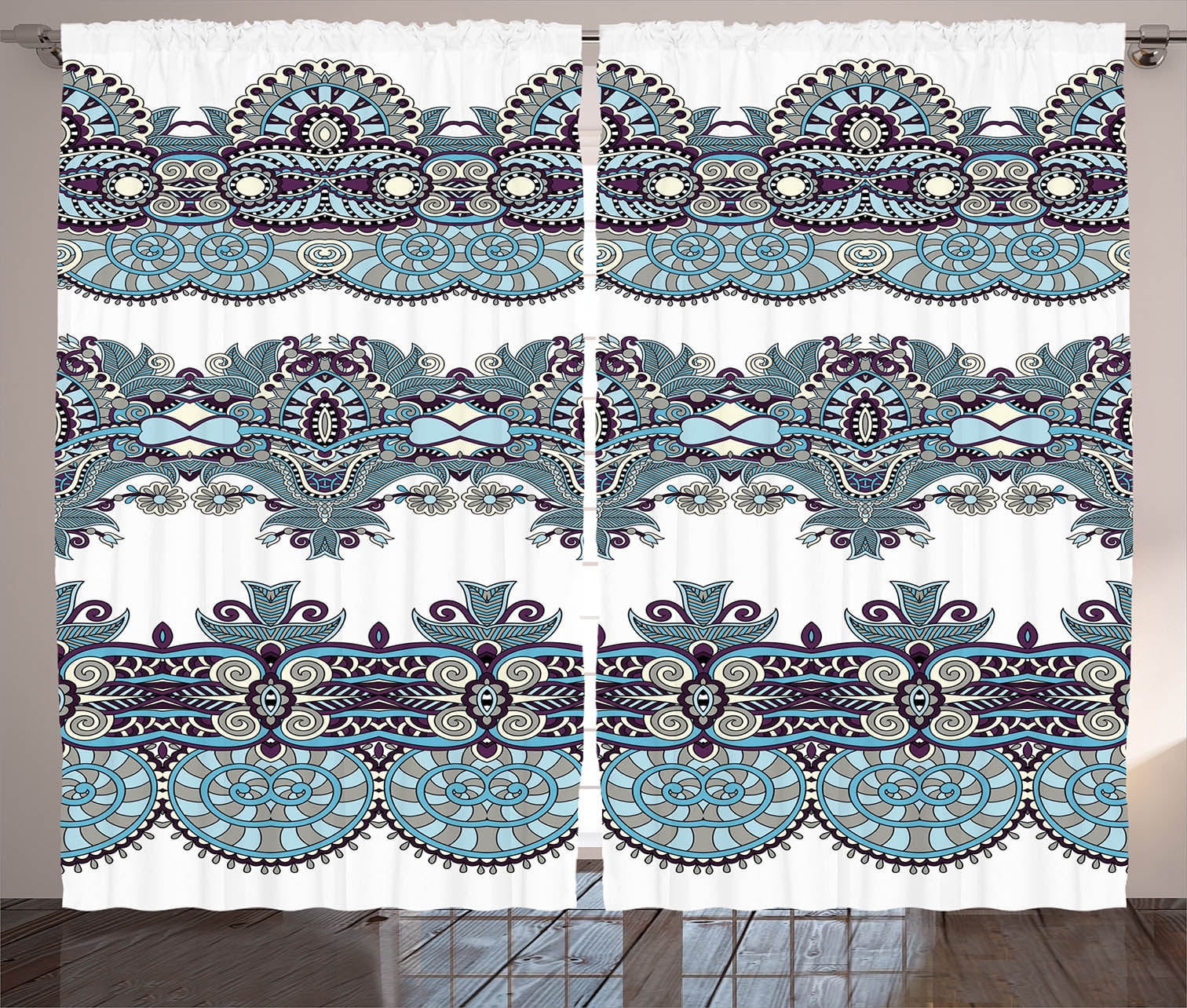 Paisley Decor Curtains 2 Panels Set Ethnic Floral Bordered