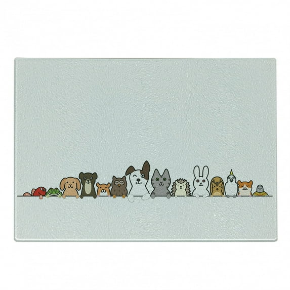 Cartoon Cutting Board, Domestic Pets Various Animals with Funny Expressions Humorous Cartoon Style, Decorative Tempered Glass Cutting and Serving Board, Small Size, Multicolor, by Ambesonne