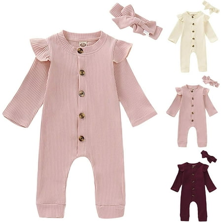 

YOUI-GIFTS Newborn Baby Girl Long Round Collar Romper Jumpsuit Headband Clothing for Infant Toddler