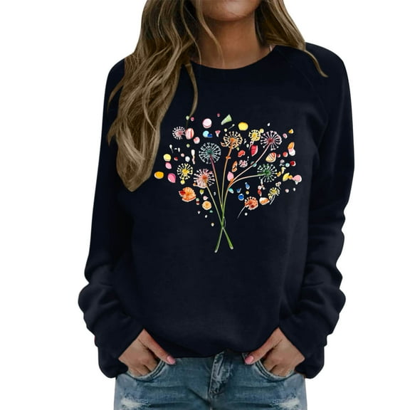 Wangmeiwg Women's Sweatshirts Women's Hoodies Sweatshirt Casual Round Neck Elegant Dandelion Print Pullover Sweater for Everyday Fashion Dark Blue S