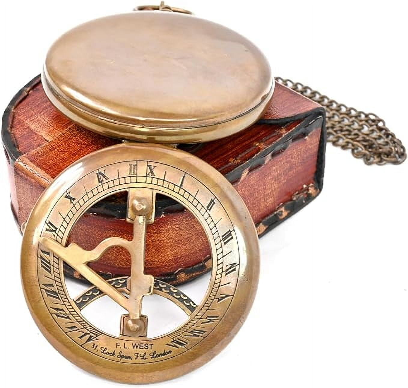 Maritime treasures Instruments Brass Sundial Compass with Leather Case and Chain - Steampunk Accessory - Antiquated Finish - Beautiful Handmade Gift -Sundial Clock (Classic)